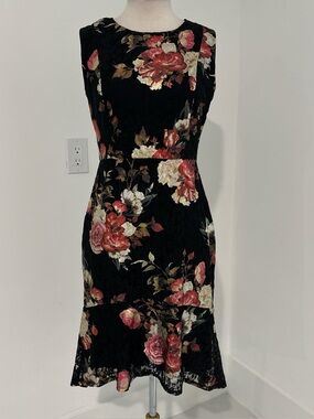 Enfocus Studio Black Midi Dress with Pink & Cream Rose Print size 8 #132